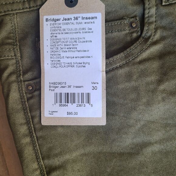 Prana Mens 30x36 Peat Green Bridger Jean Pant 5 Pocket Outdoor Straight Slim NEW - Picture 3 of 7